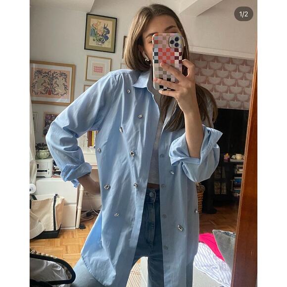 Calvin Klein Upcycled Rhinestone Embellished Shirt Button Up Sz Small - Picture 1 of 7